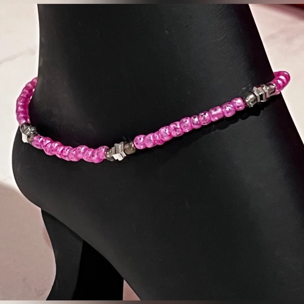Pink Handmade Beaded Ankle Bracelet with Silver Accents